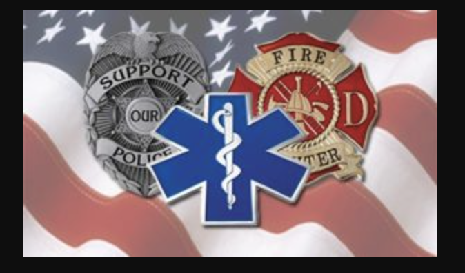 First responders emblems including police, fire, and EMS badges